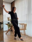 Kadın Kısa Kollu V Yakalı Pul Payetli Viskon Iki Iplik Bluz Ve Pantolon Ikili Takım resmi